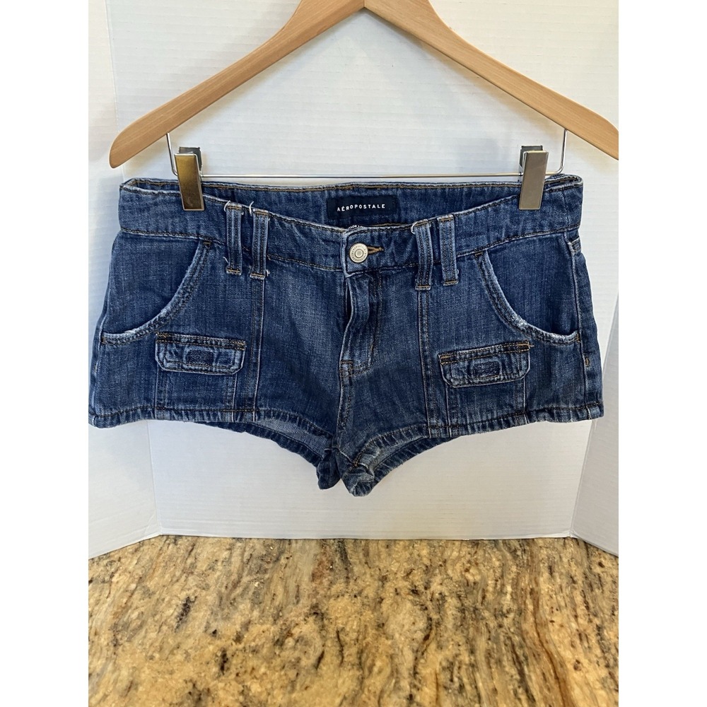 Vintage Y2K Aeropostale Shorty Shorts Dark Denim Low Rise Cargo Pockets Size 8
